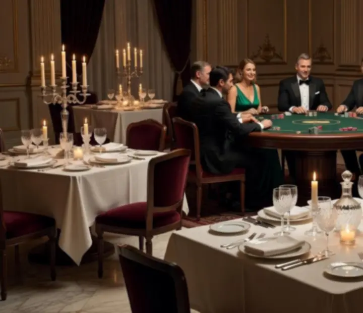 Mesa elegante com cartas, fichas decorativas e serviço de jantar num restaurante premium.