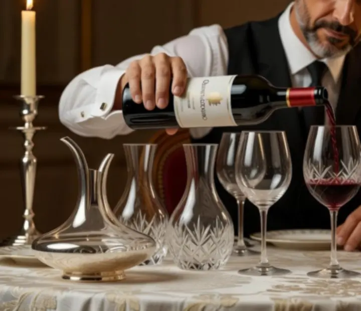 Serviço de vinho premium numa mesa elegante com copos de cristal.